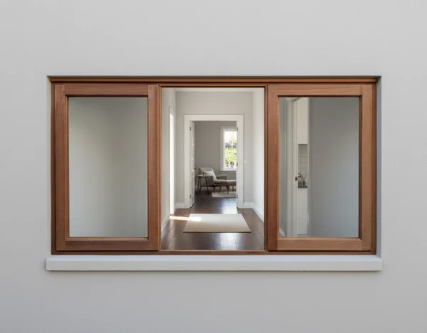 wooden window with full pane glass side hung sash