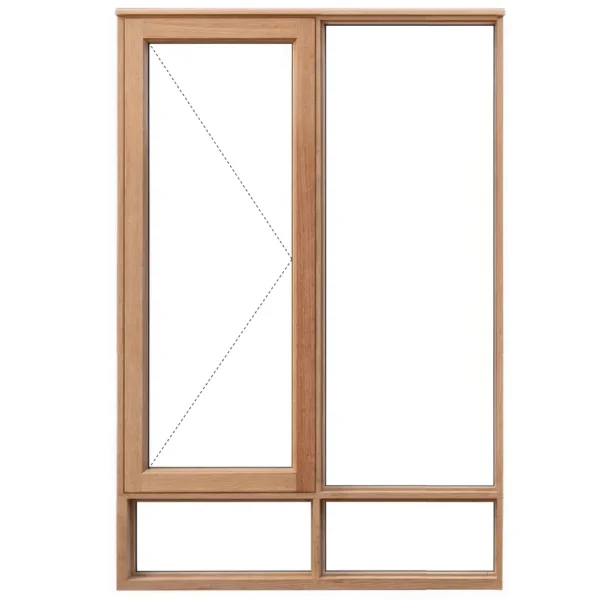 wood window frame one opening panel and one solid panel