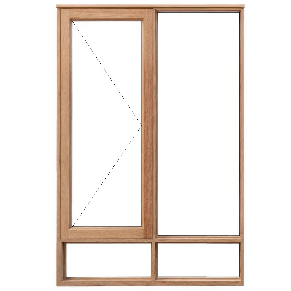 wood window frame one opening panel and one solid panel