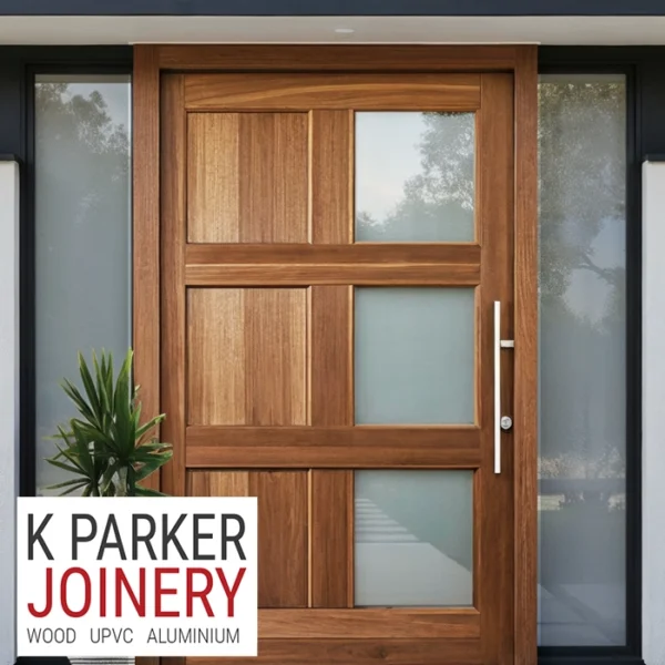 wooden pivot door with 3 panels glass and 3 flat panels