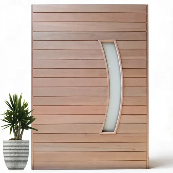 Horizontally Slatted Marine Ply Wooden Pivot Door with Curved Glass Panel – 1200mm
