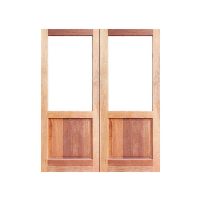 Full Pane Wooden Glass Top, Raised and Fielded Bottom Panel Timber Double Doors