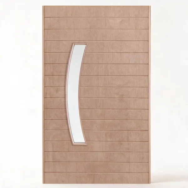 Horizontally Slatted Marine Ply Wooden Pivot Door with Curved Glass Panel – 1200mm