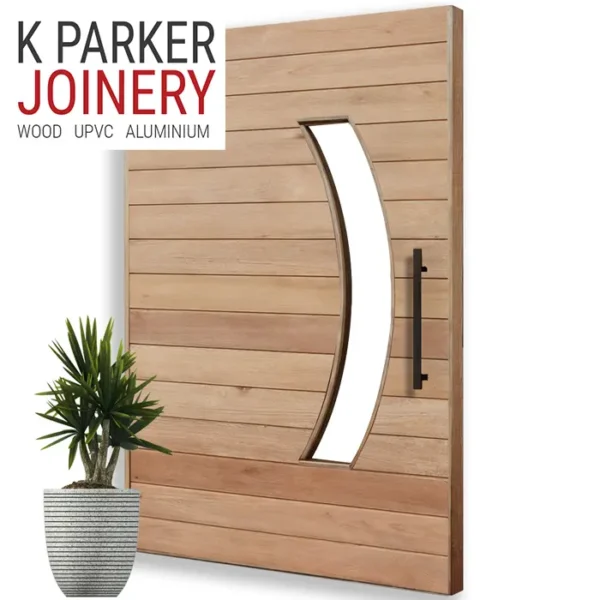 wooden pivot door with horizontal slats and round view panel