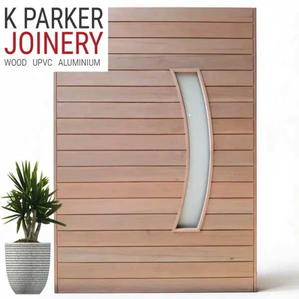 wooden pivot door with horizontal slats and round view panel