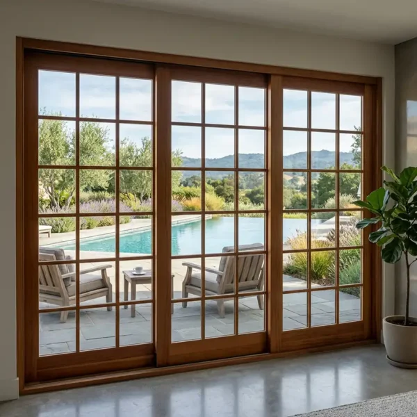 wooden sliding door in cottage pane 3 leaf design