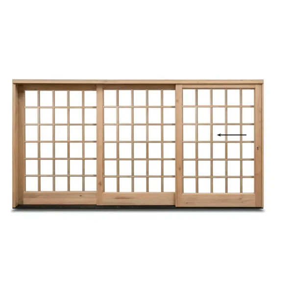 3568 wooden sliding door with triple leaf panels and cottage pane design