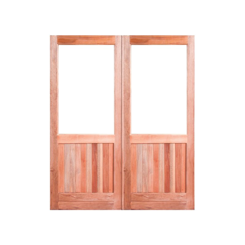 Full Pane Wooden Glass Top, Vertically Slatted Bottom Double Timber Door