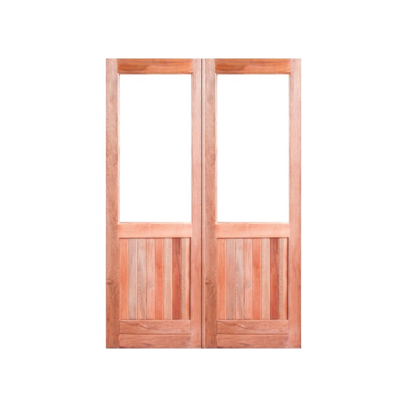 Full Pane Wooden Glass Top, Vertically Slatted Bottom Timber Double Doors