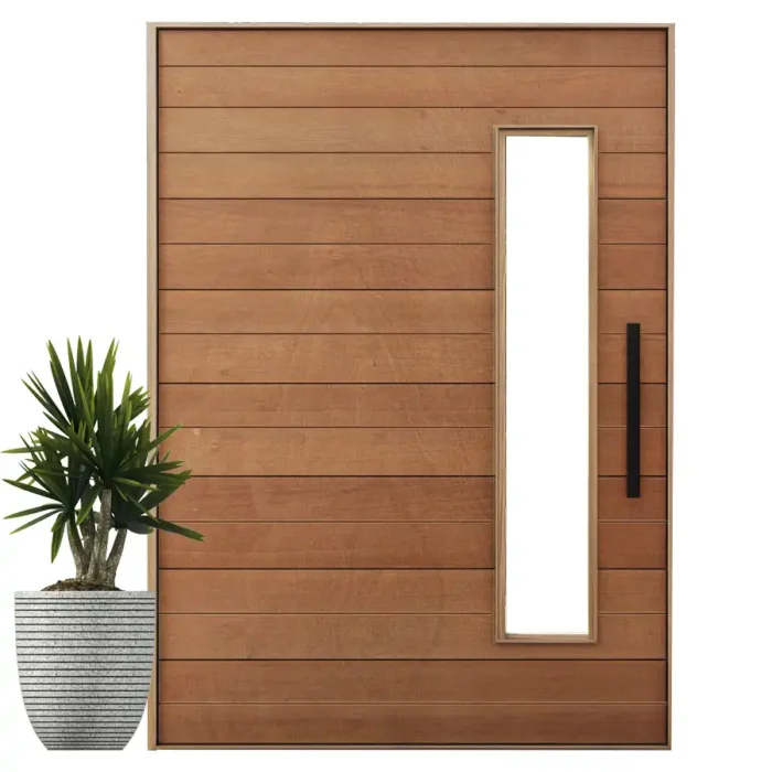 wooden pivot door with narrow horizontal slats and view panel