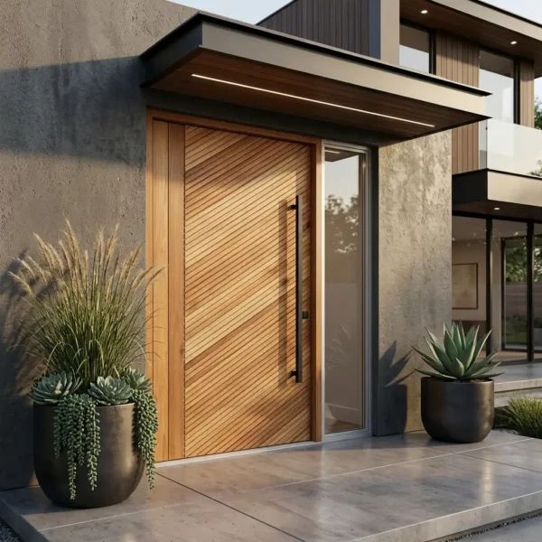 The Colleen Wooden Pivot Door with Diagonal Lines