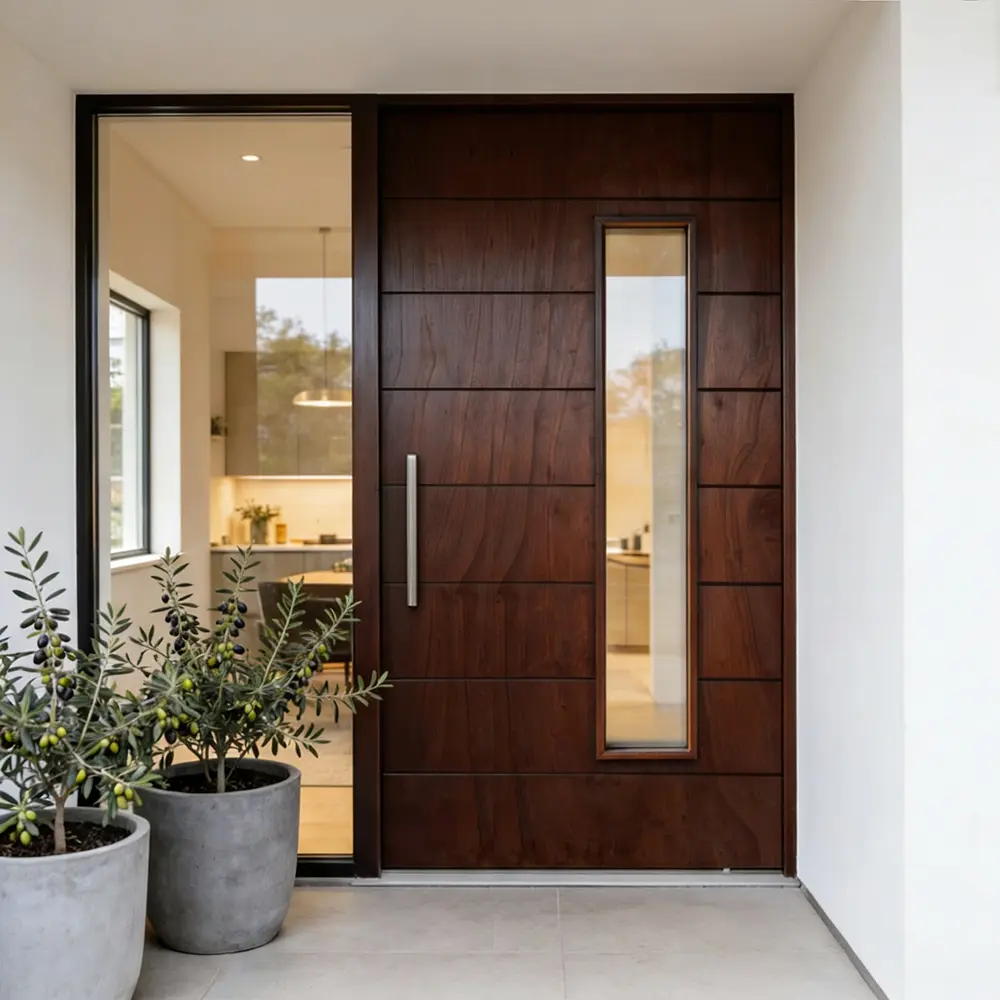 medium groove pivot door with view panel