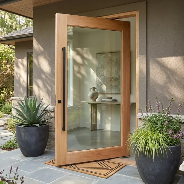 full pane glass wooden pivot door in meranti