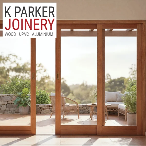 Wooden sliding door on patio