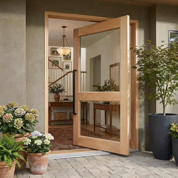 two pane glass wooden pivot door
