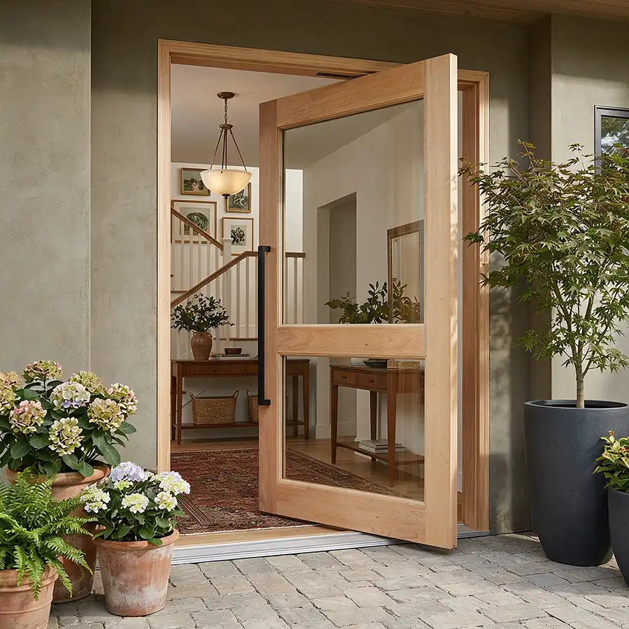 two pane glass wooden pivot door