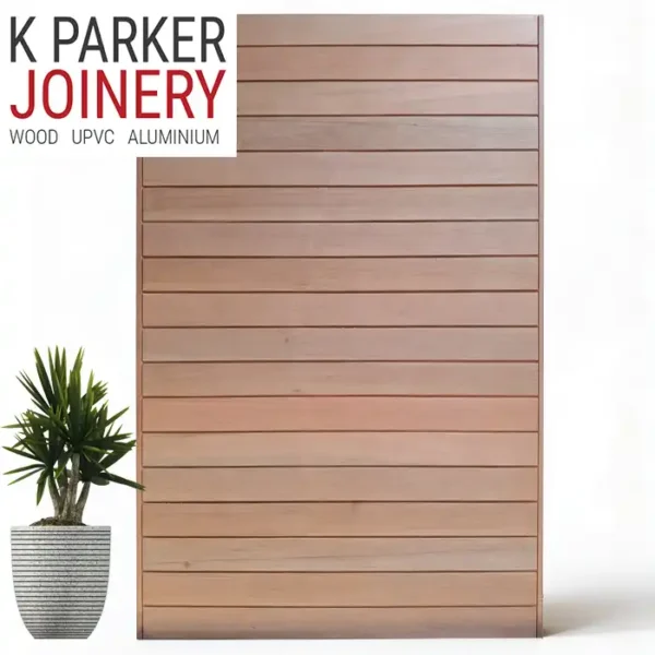 hardwood pivot door with 15 horizontal slats