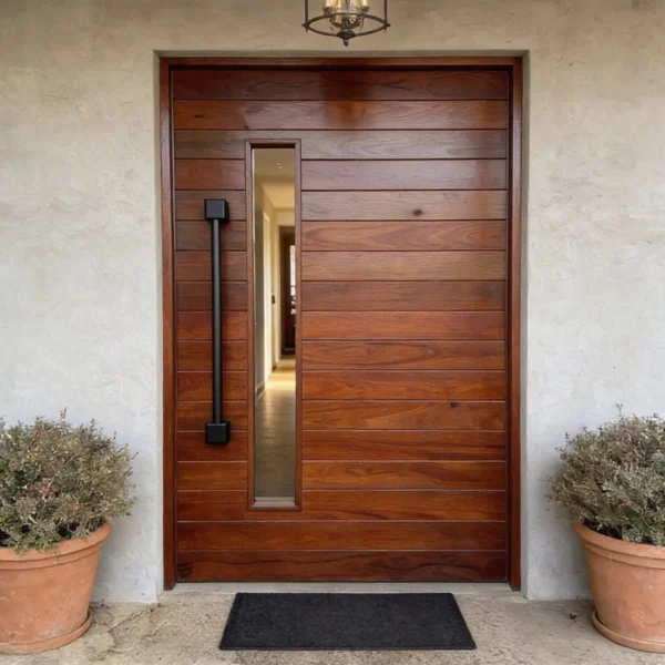 wooden pivot door with horizontal meranti grooves