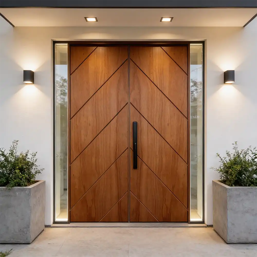 diagonal double exterior double door made of marine ply hardwood featuring diagonal grooves