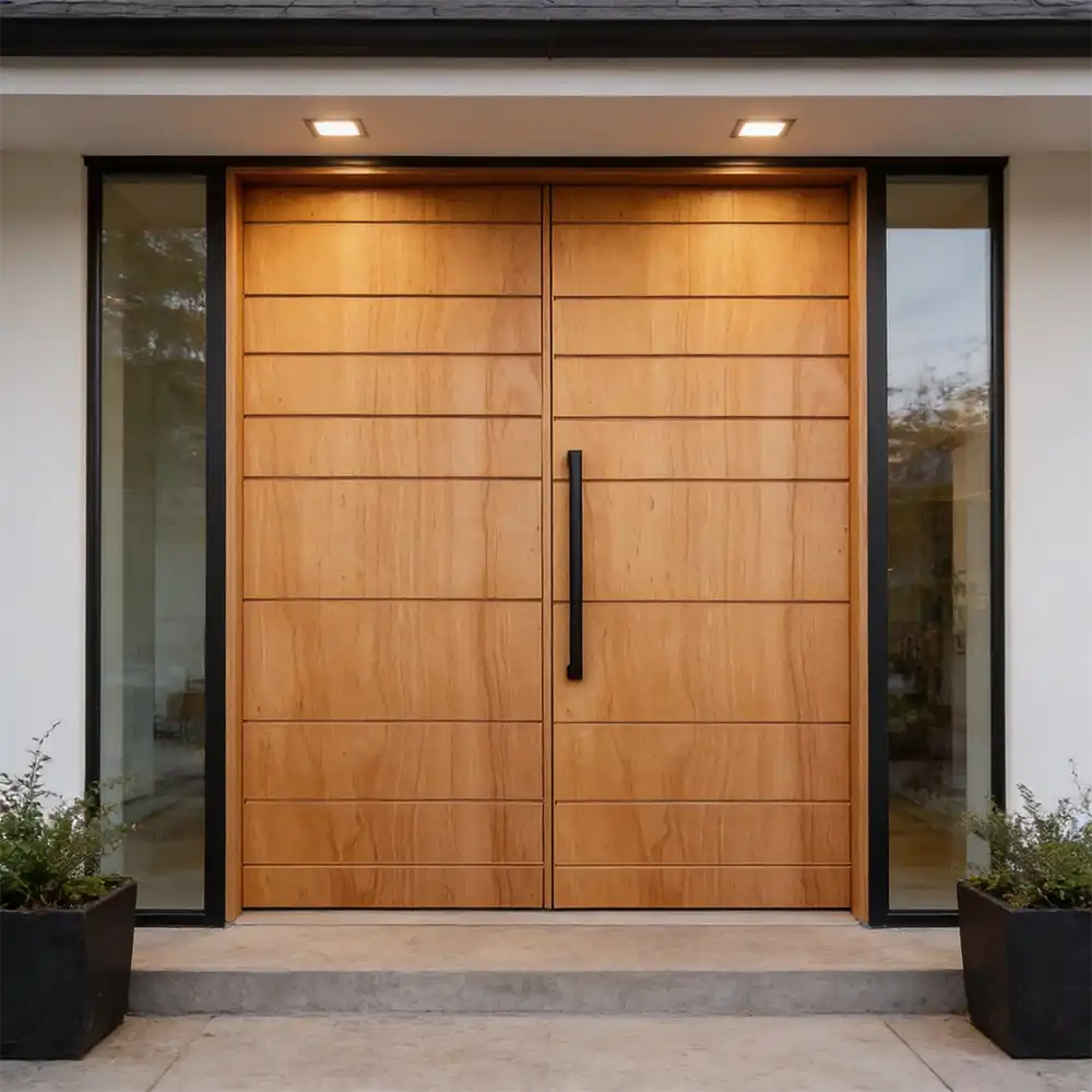 randomdouble exterior double door made of marine ply hardwood featuring 10 randomly spaced horizontal grooves