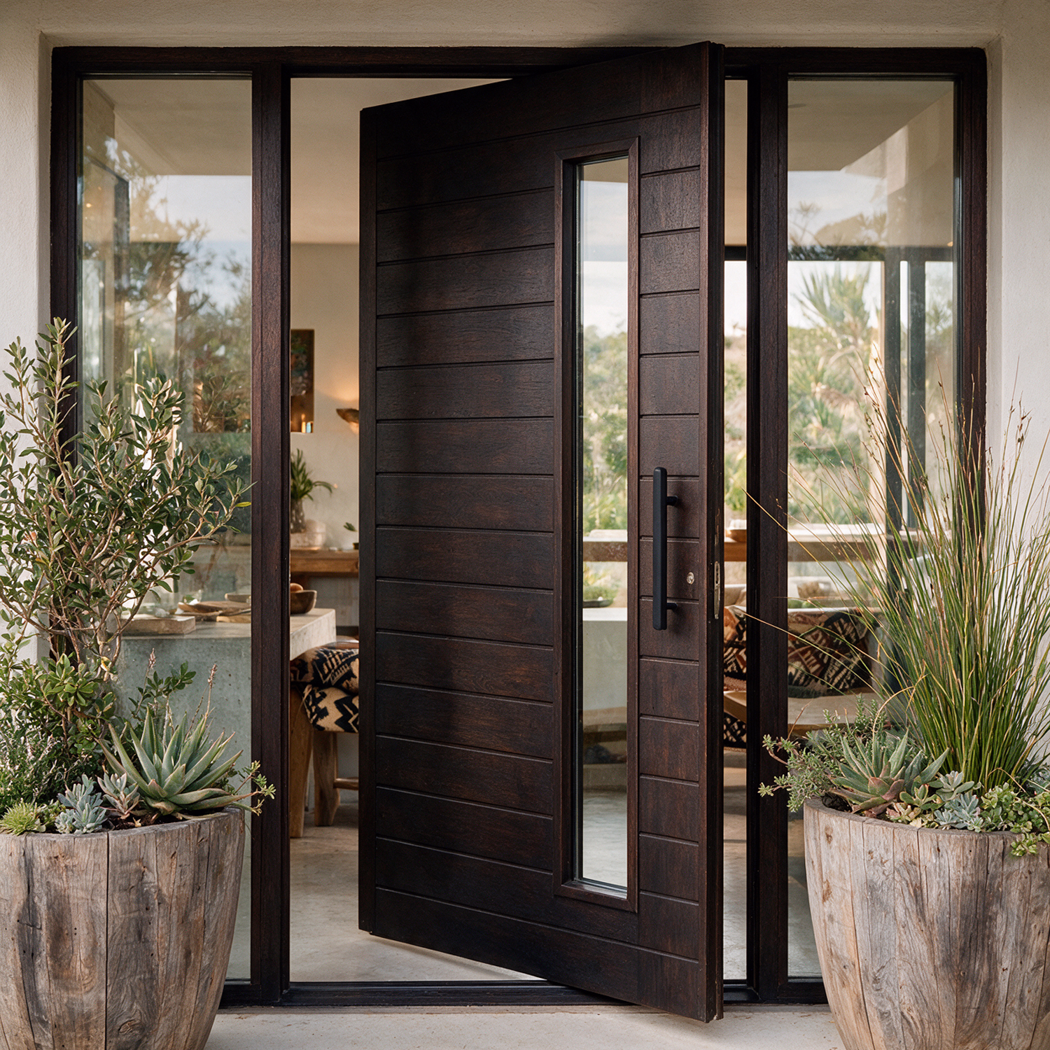 Marine ply pivot door with narrow grooves and a view panel