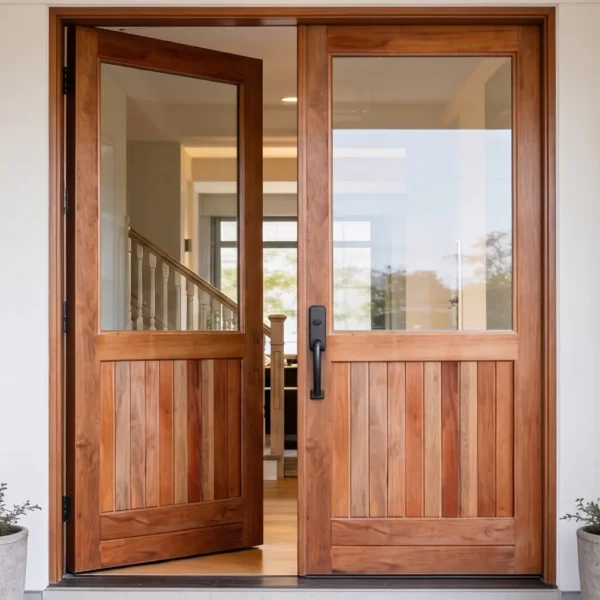 Full Pane Glass Top/Vertically Slatted Bottom Wooden Double Doors
