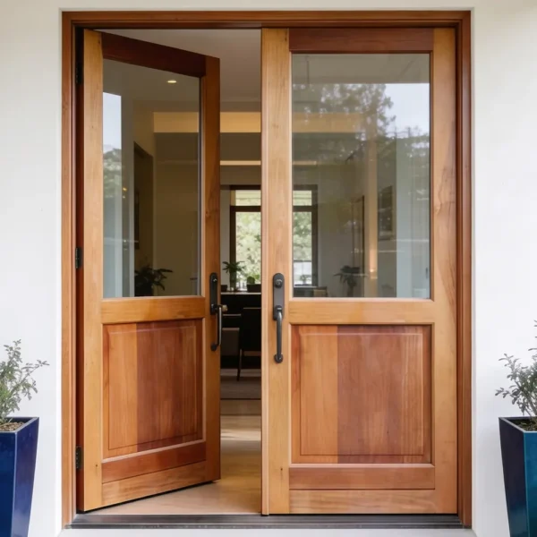 Full Pane Glass Top/Raised and Fielded Bottom Panel Wooden Double Doors