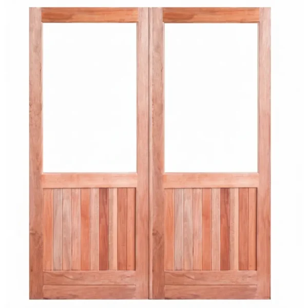 Full Pane Glass Top/Vertically Slatted Bottom Wooden Double Doors