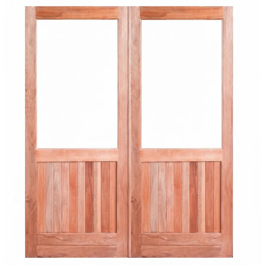 Full Pane Glass Top/Vertically Slatted Bottom Wooden Double Doors