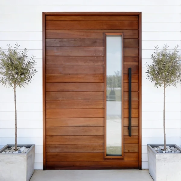 marine ply wooden pivot door with narrow slats and a view panel