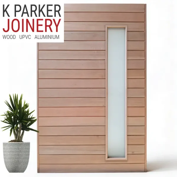 horizontal slatted pivot door with long vertical view panel