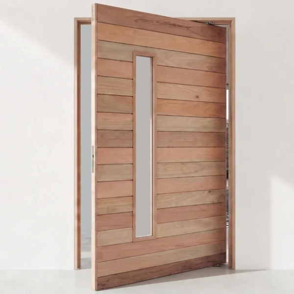 wooden slatted pivot door with view panel