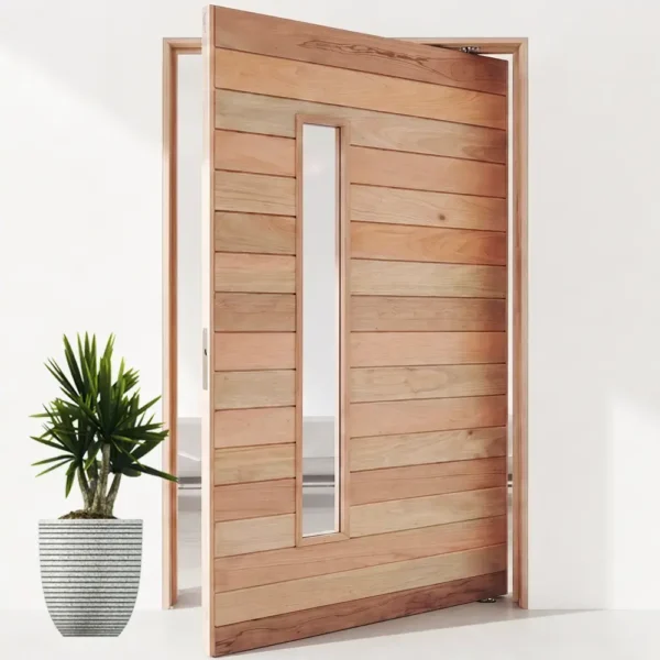 wooden slatted pivot door with view panel