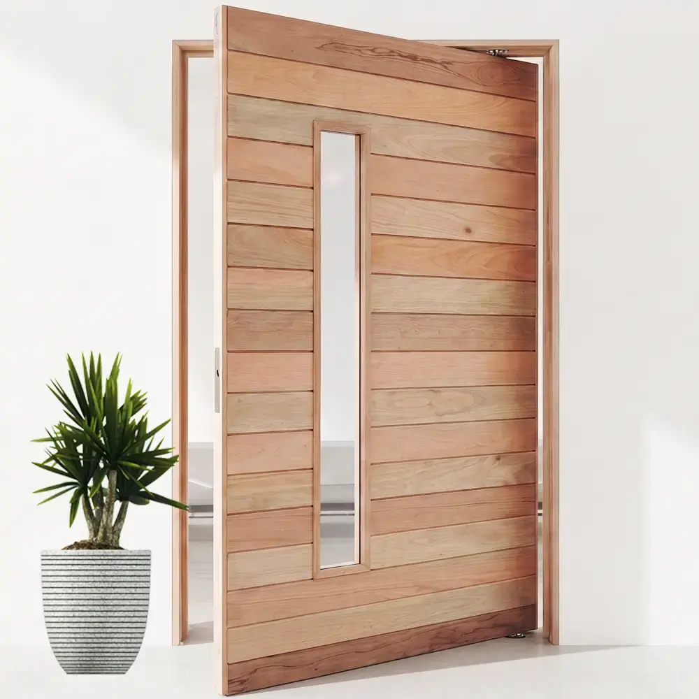 wooden slatted pivot door with view panel