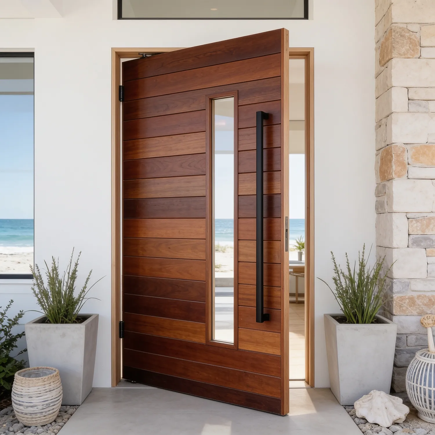 wooden pivot door with horizontal slats made of meranti wood