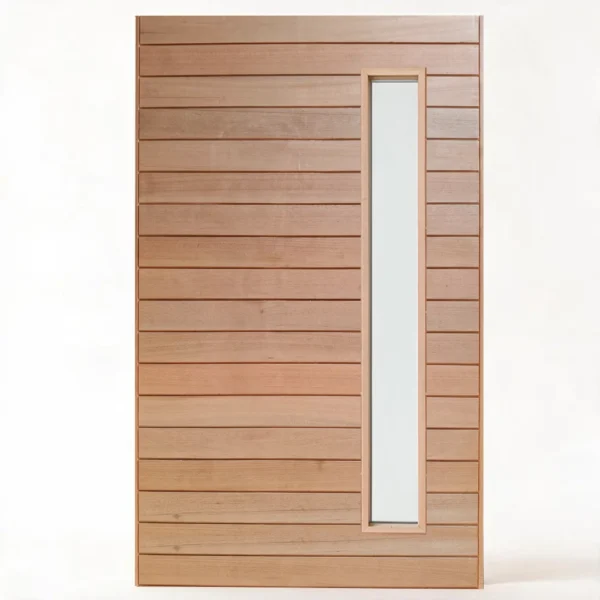 slatted meranti wooden pivot door with view panel
