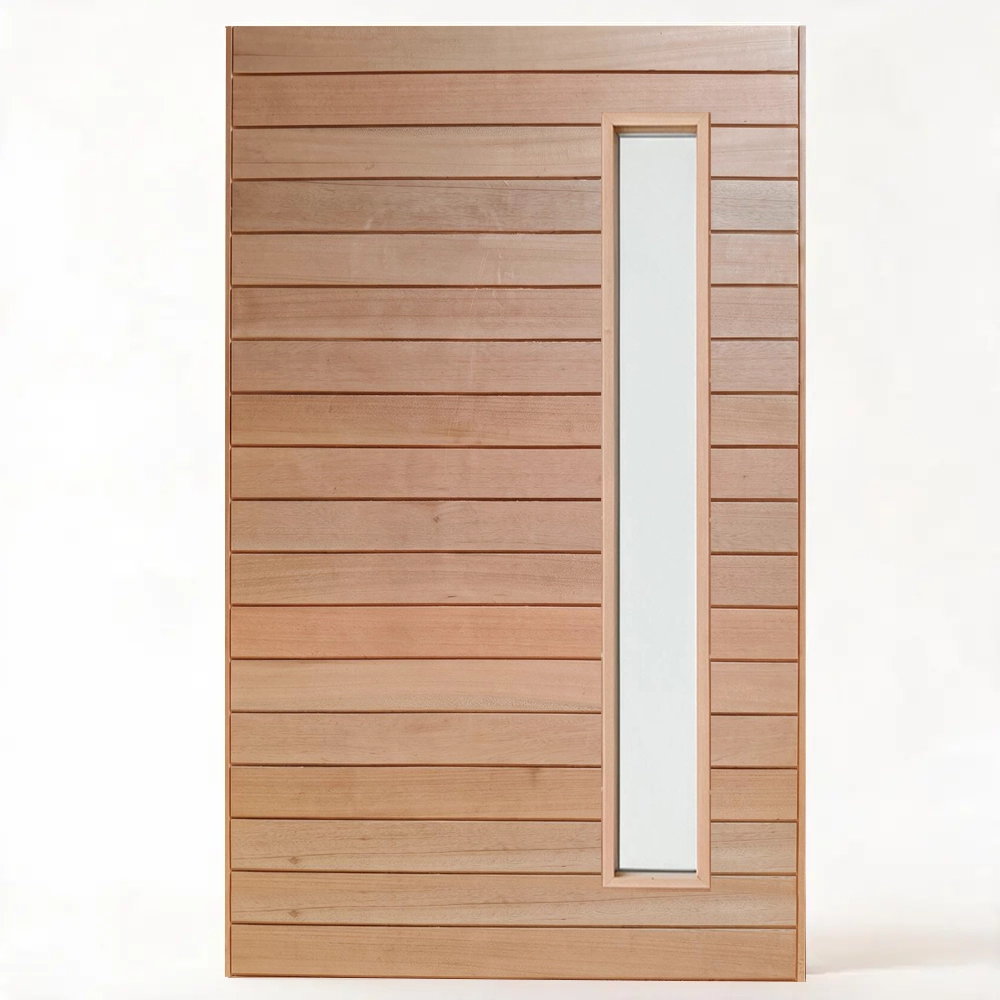 slatted meranti wooden pivot door with view panel