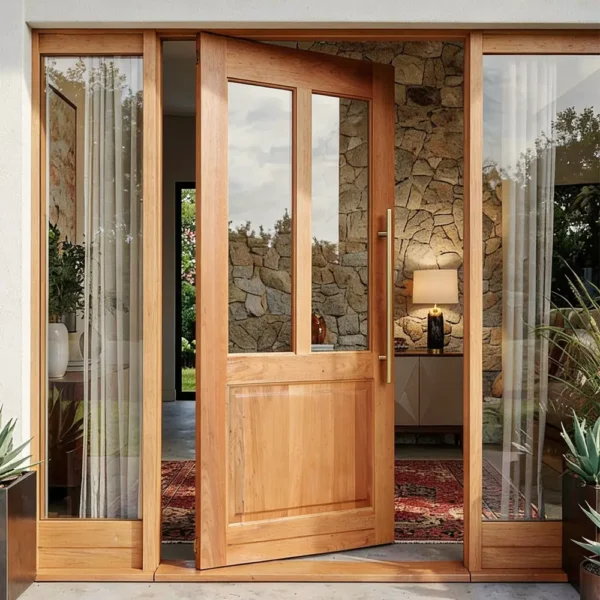 2 pane top with solid bottom panel wooden pivot door