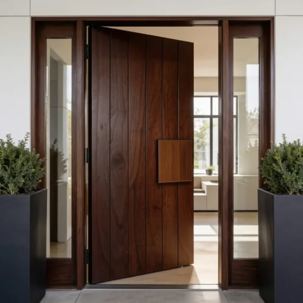 6 vertical grooves marine ply pivot door with large square wooden handle