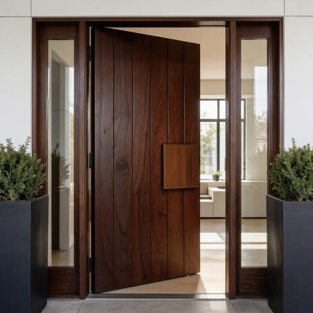 6 vertical grooves marine ply pivot door with large square wooden handle