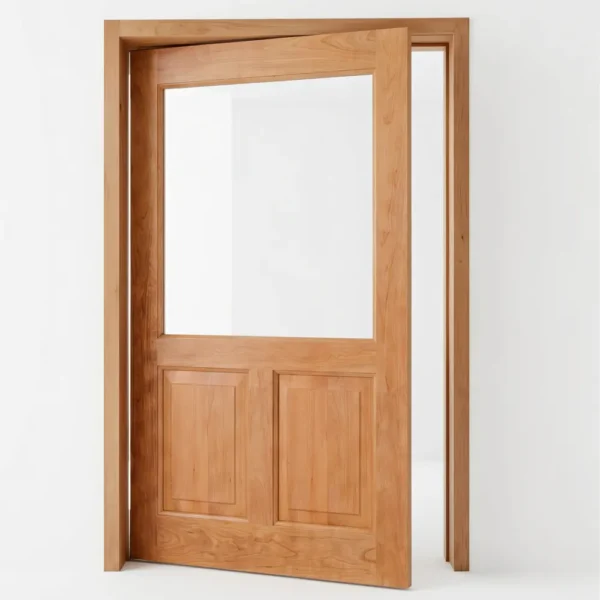 full pane glass top and 2 wood panel bottom wooden pivot door