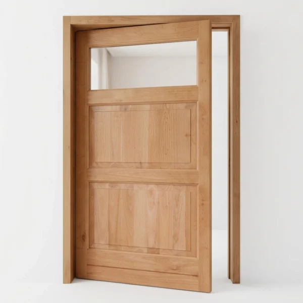 top glass pane with 2 wood panels bottom wooden pivot door
