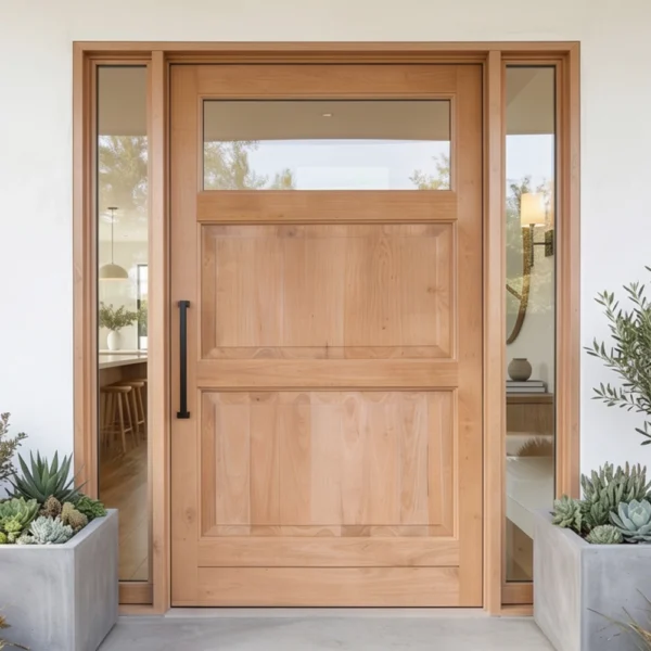 top glass pane with 2 wood panels bottom wooden pivot door