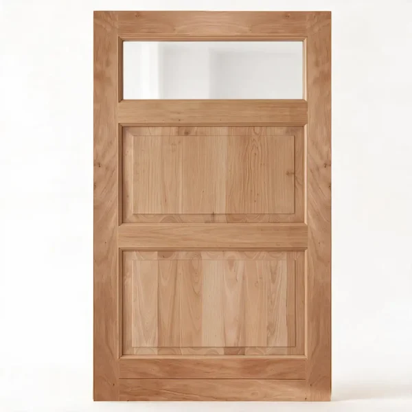 top glass pane with 2 wood panels bottom wooden pivot door