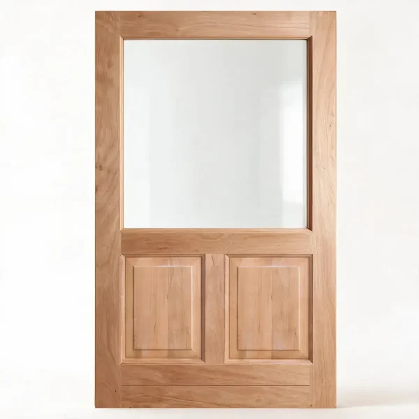 full pane glass top and 2 wood panel bottom wooden pivot door